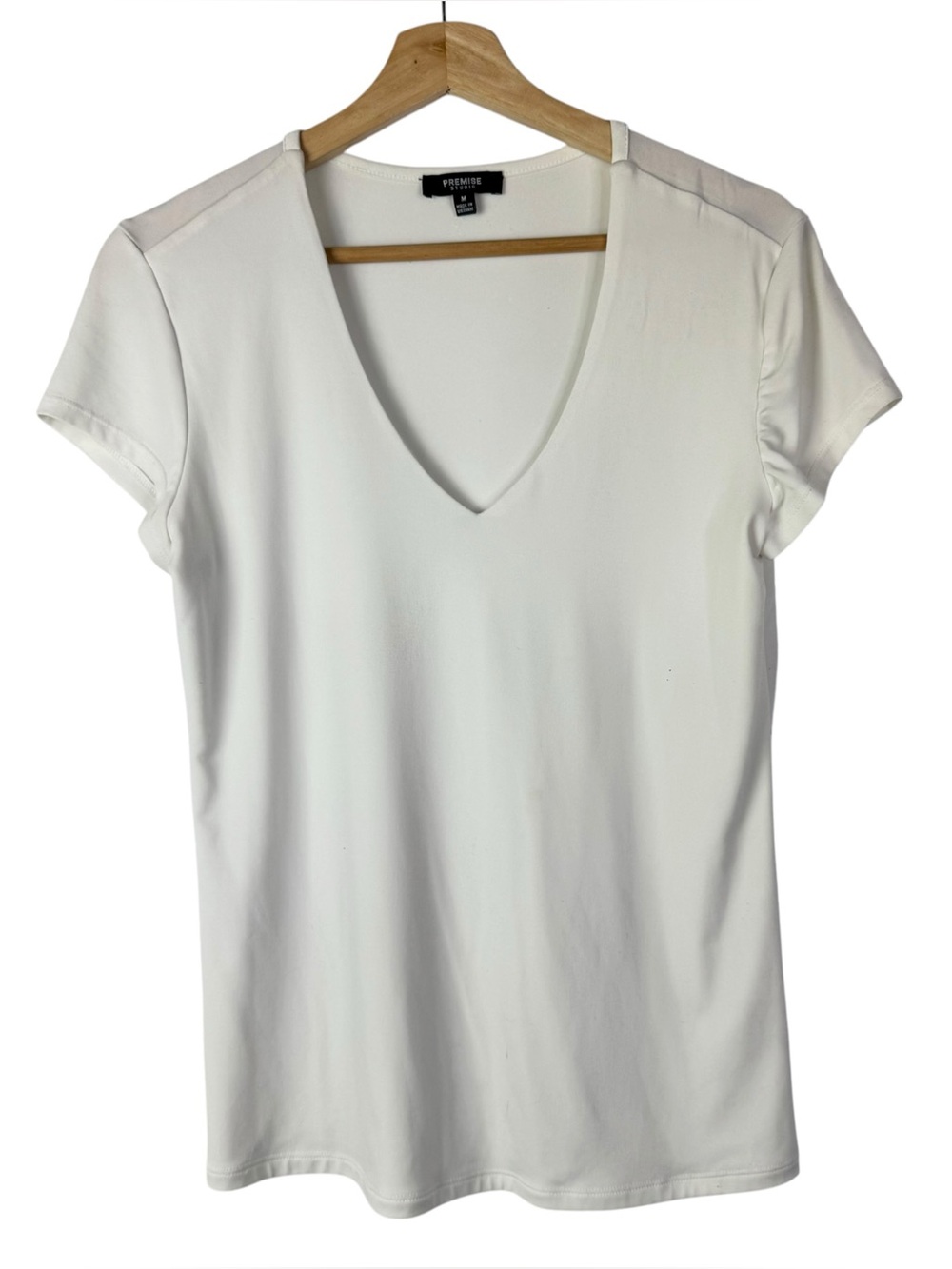 Premise White Deep V Neck Short Sleeve Blouse M